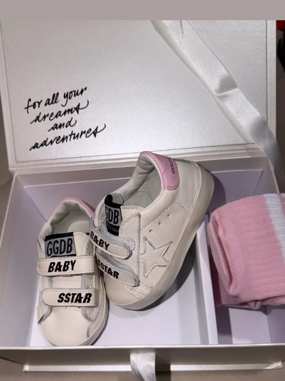 Golden Goose White & Pink Baby Velcro Star Sneakers